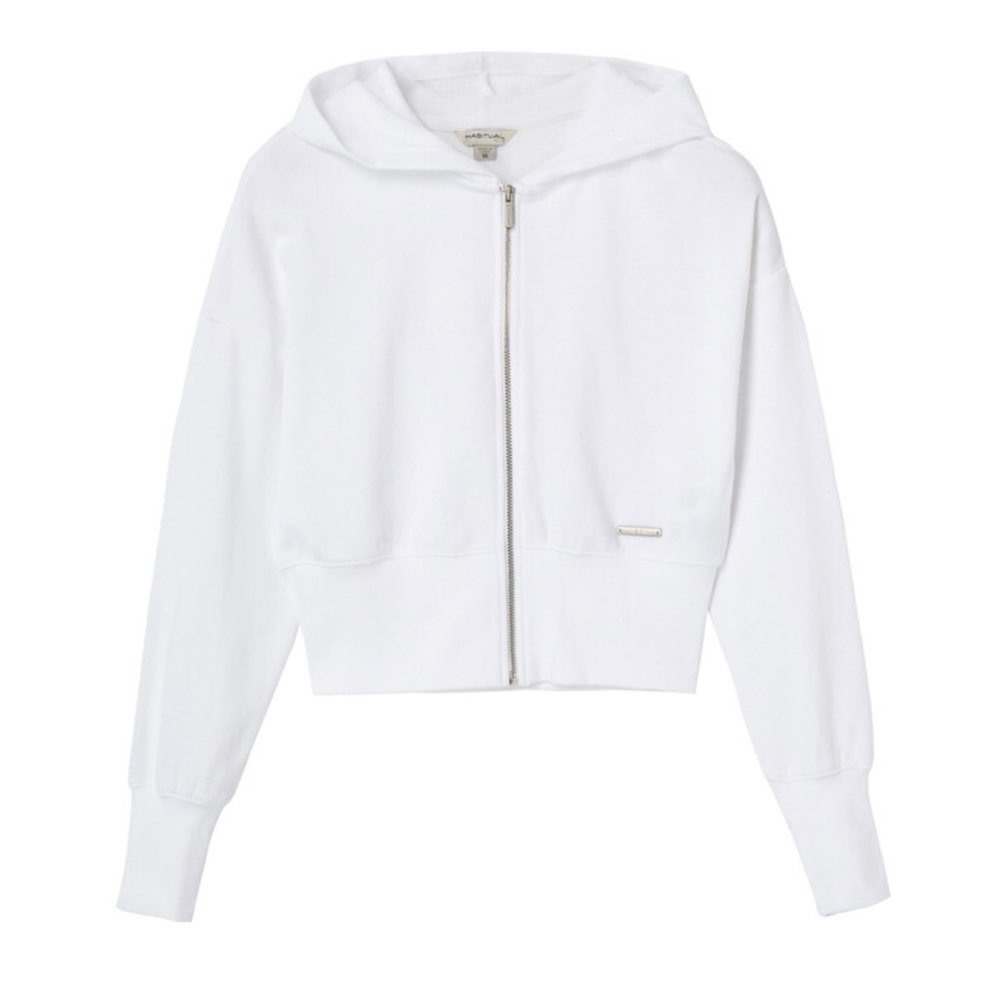 White cropped hooded zip up sweatshirt